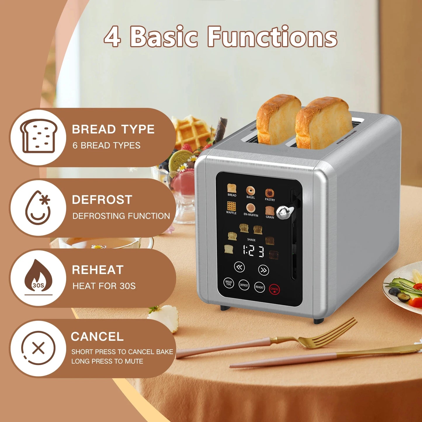 GOOVI EU Stainless Steel Two Slice Toaster Touch Screen Home Automatic Bread Toaster For Breakfast Machine 6 Browning Levels