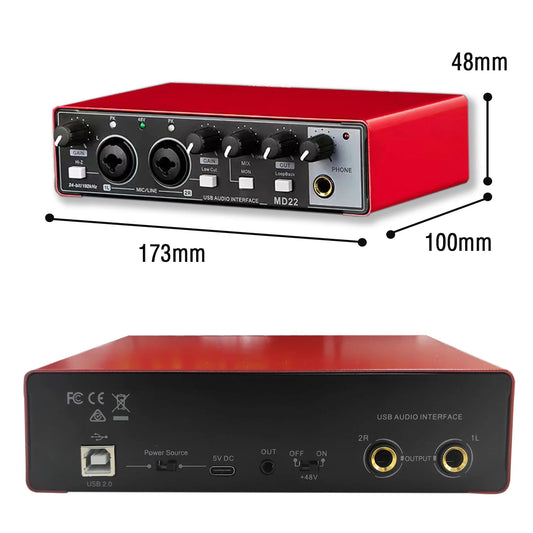 Sound Card Studio Record Professional USB Audio Interface Sound Equipment With Loopback Monitoring 48V Phantom for Recording