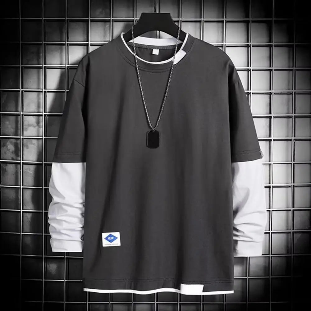 Men T-shirt Chic Color Matching Fall Spring Top Streetwear Men Spring T-shirt  Crew Neck Color Matching Men Top Men Clothes