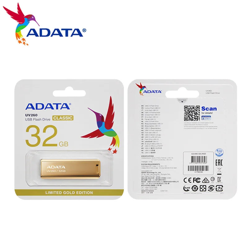 ADATA Gold USB 2.0 Pen Drive UV260 32GB Metal USB Flash Drive for Computer