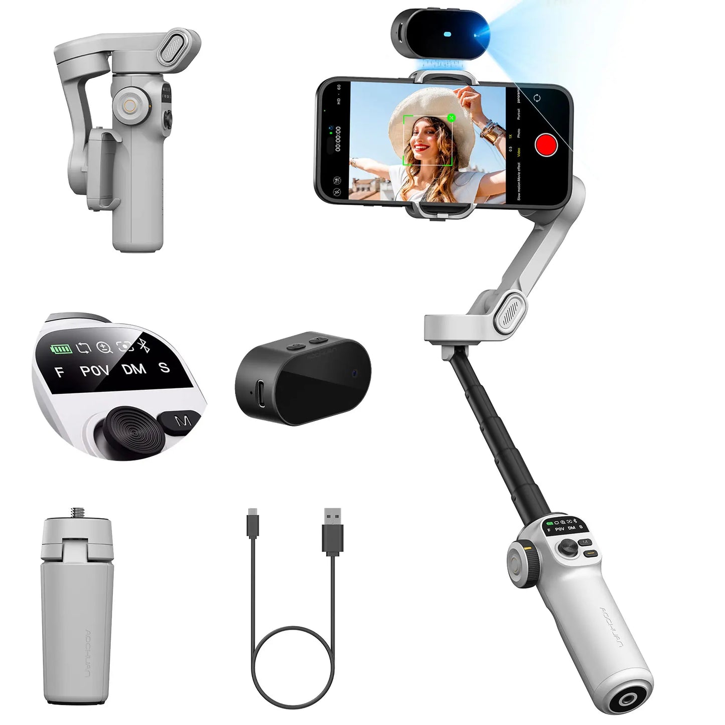 AOCHUAN Smart X2 Ai White Smartphone Gimbal Stabilizer Equipped with LED display Built in extension rod Handheld gimbal