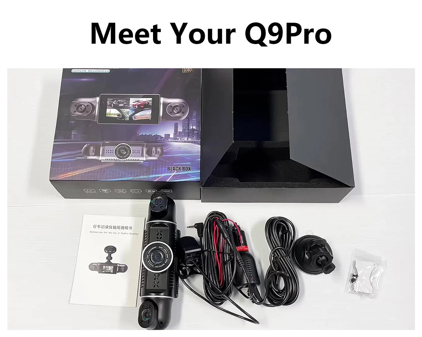 Q9pro 360 Degrees Dash Cam 4 Channel 1080p FHD Car Recorder super Night Vision 3.39” IPS Screen Loop Recording Parking Monitor