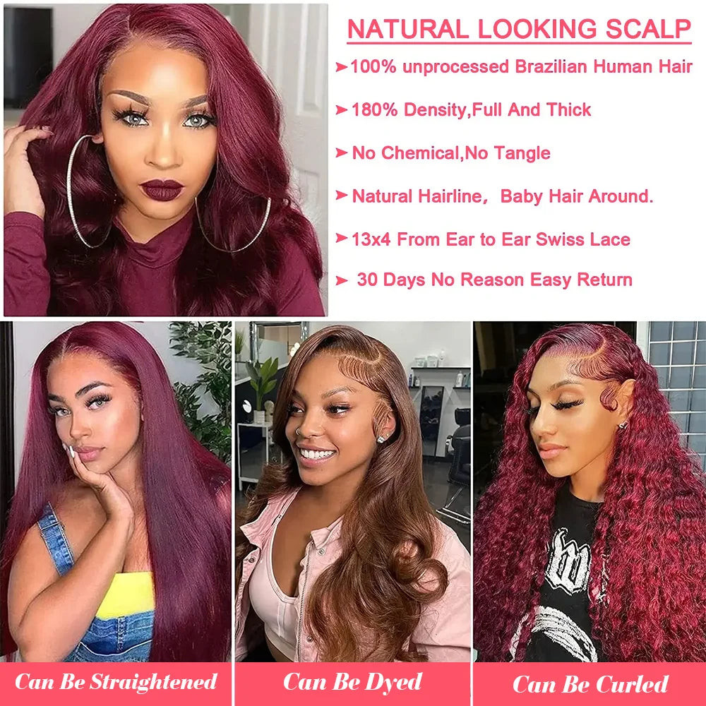 99J Burgundy Lace Front Wig Human Hair 13X4 Straight Red Colored Lace Frontal Human Hair Wigs for Women Lace Front Wig 13X6