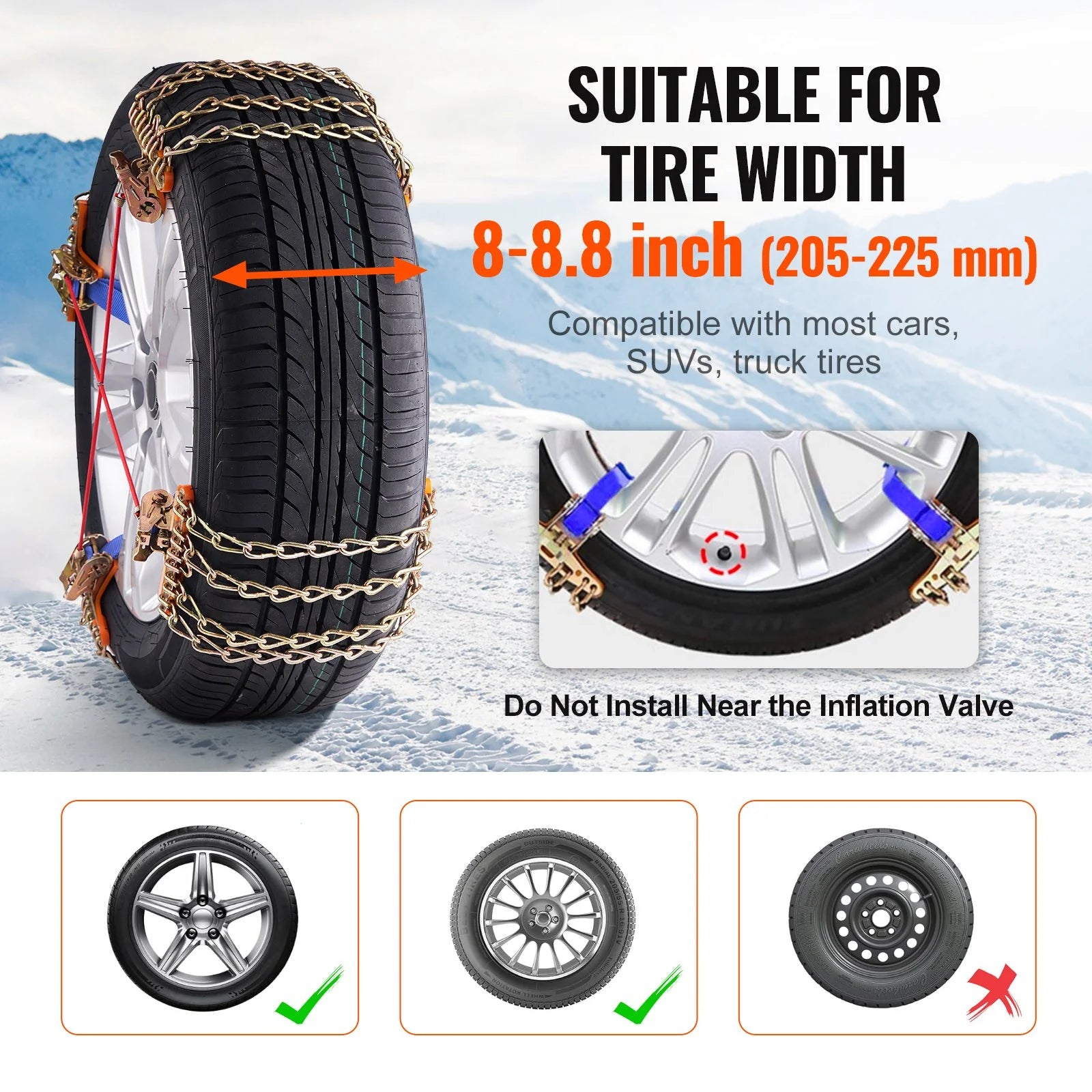 VEVOR 16 PCS Snow Chains Tire Width 8-8.8 In/205-225 Mm for Car/Pickup/Suv/Truck