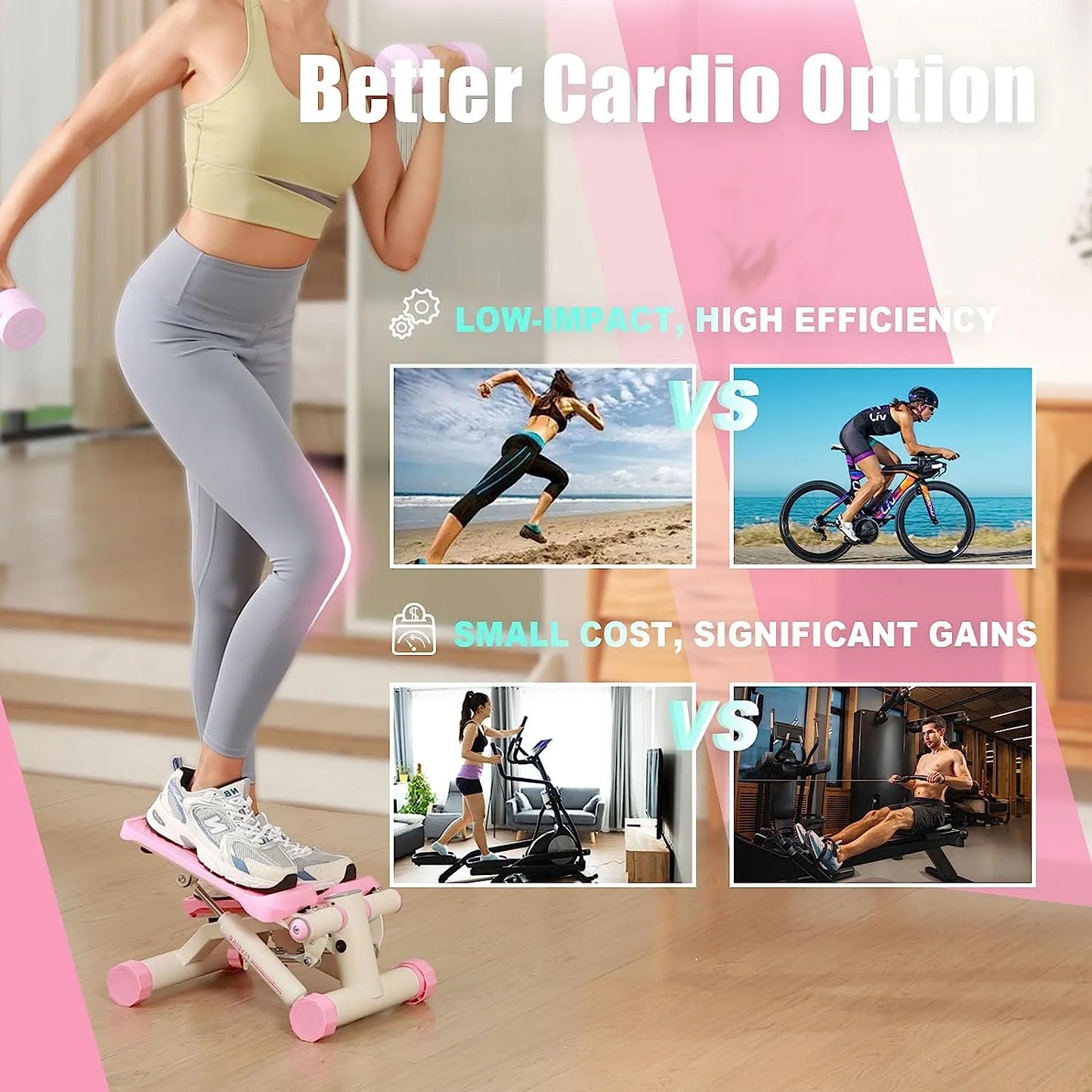 Portable Stepper with Resistance Bands, 330 Lb Capacity, Pink, Exercise Machine for Home Gym