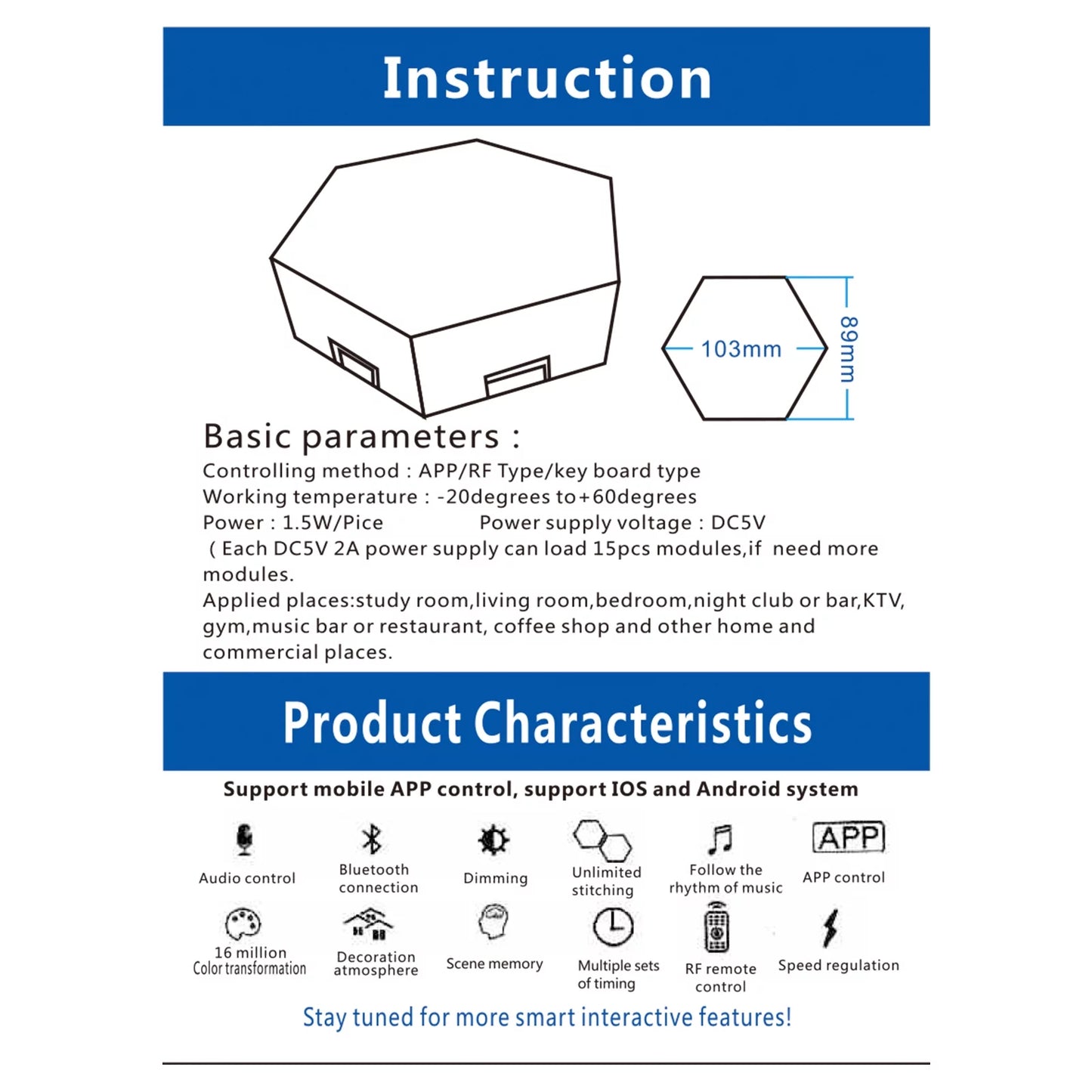 Hexagonal LED Wall Light 12 Count with USB Cable, Remote Control, User Manual, Adhesive Tape and Connecting Piece