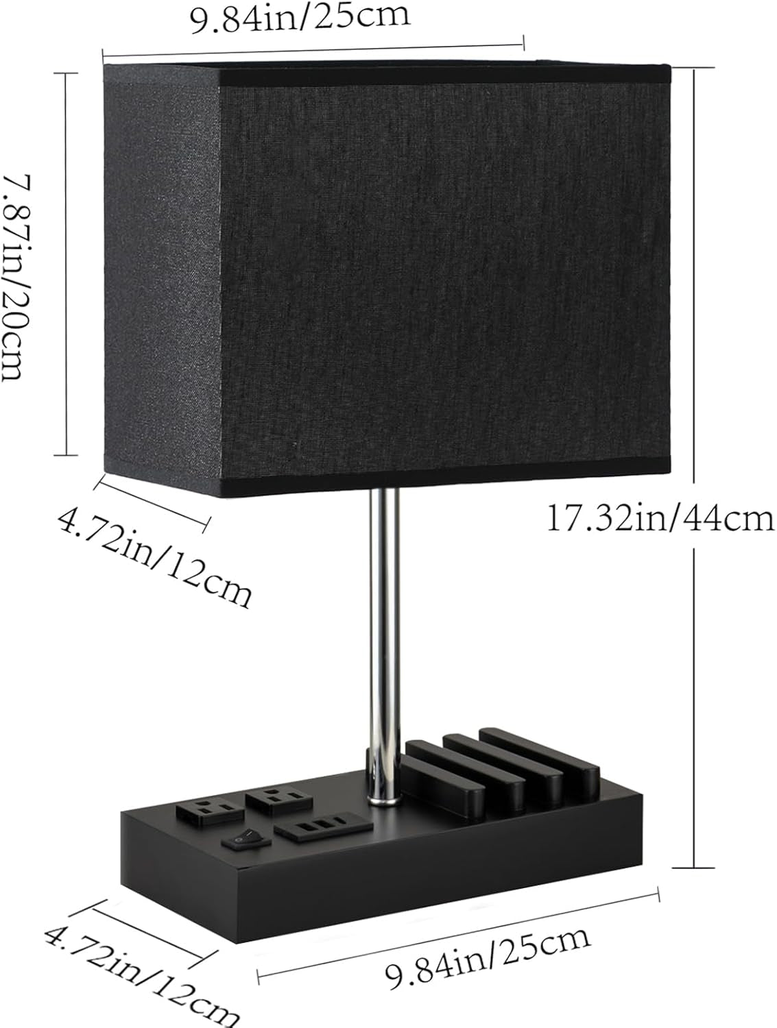 USB Table Lamp, Multi-Functional Bedside Desk Lamp with 2 AC Outlets, 3 USB Charging Ports and Wooden Phone Stand Organizer, Ideal Nightstand Lamp for Bedroom, Black Shade