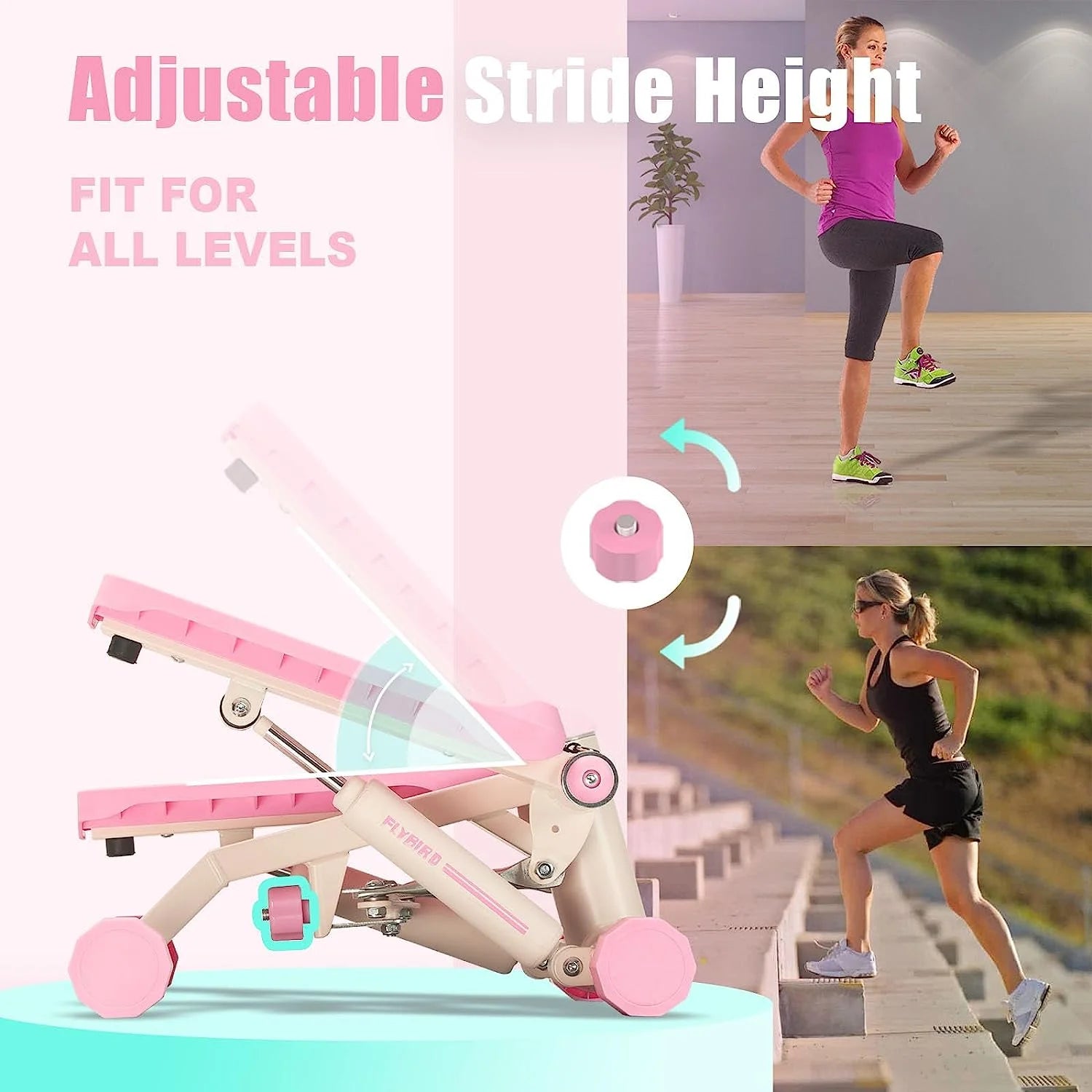 Portable Stepper with Resistance Bands, 330 Lb Capacity, Pink, Exercise Machine for Home Gym